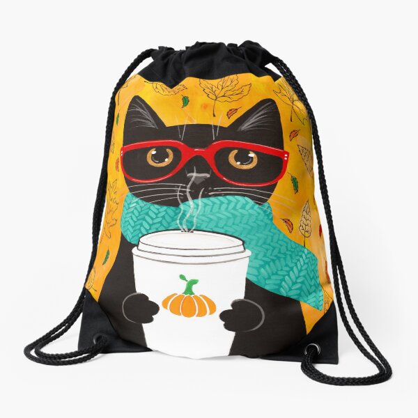 Autumn Pumpkin Coffee Cat Drawstring Bag