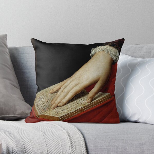 Renaissance old master cropped image, hand on book Throw Pillow