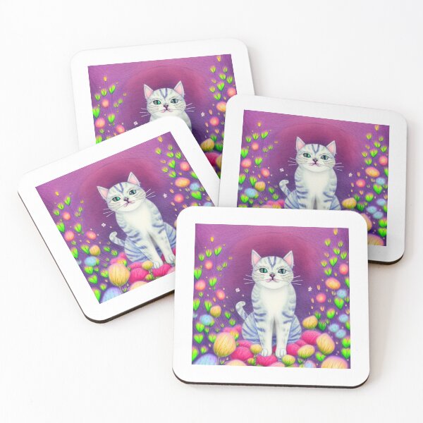 Item preview, Beautiful Fantasy Whimsical Cat Pastel Illustration with flowers in background designed and sold by ManifestoDesign.