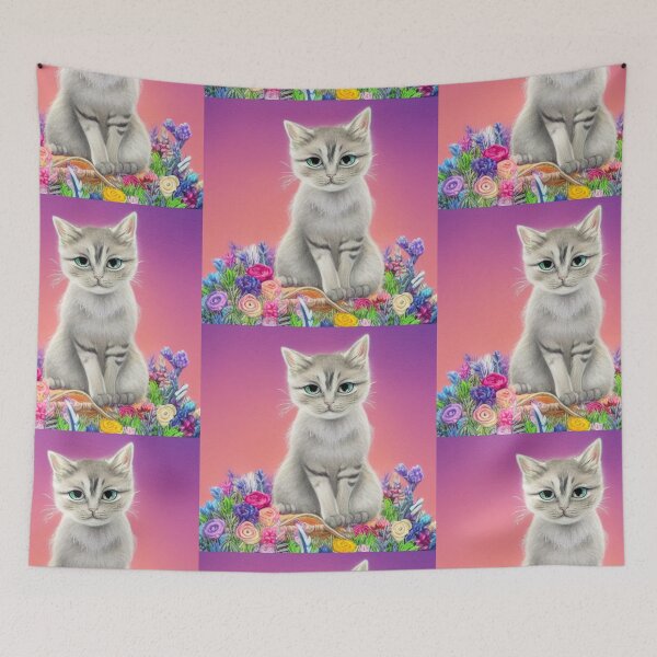 Item preview, Beautiful Fantasy Whimsical Cat Oil Painting with flowers in background designed and sold by ManifestoDesign.