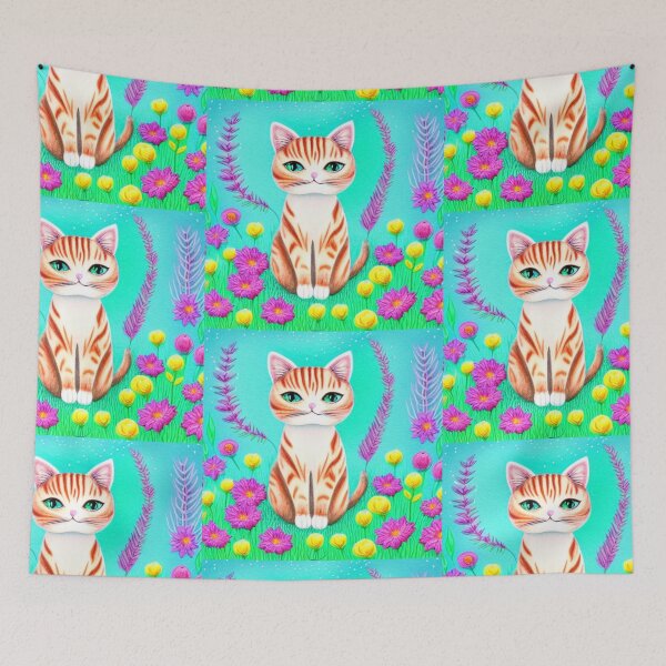 Item preview, Beautiful Fantasy Whimsical Cat Pastel Illustration with flowers in background designed and sold by ManifestoDesign.