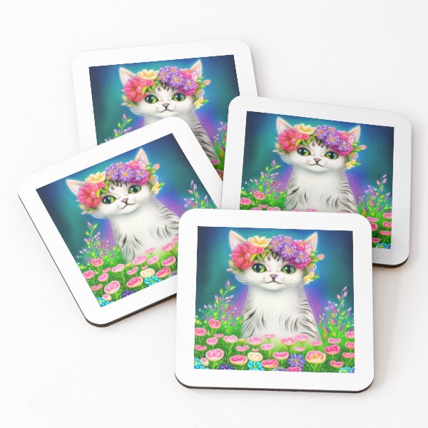 Item preview, Beautiful Fantasy Whimsical Cat Pastel Illustration with flowers in background designed and sold by ManifestoDesign.