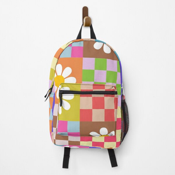 Custom Name Blue Daisy Floral Checkered Backpack Retro 