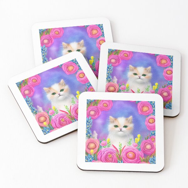 Item preview, Beautiful Fantasy Whimsical Cat Pastel Illustration with flowers in background designed and sold by ManifestoDesign.