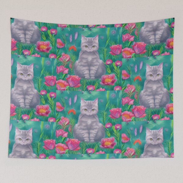 Item preview, Beautiful Fantasy Whimsical Cat Oil Painting with flowers in background designed and sold by ManifestoDesign.