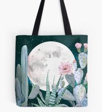 Cactus Nights Pretty Pink and Blue Desert Stars Cacti Illustration Tote Bag