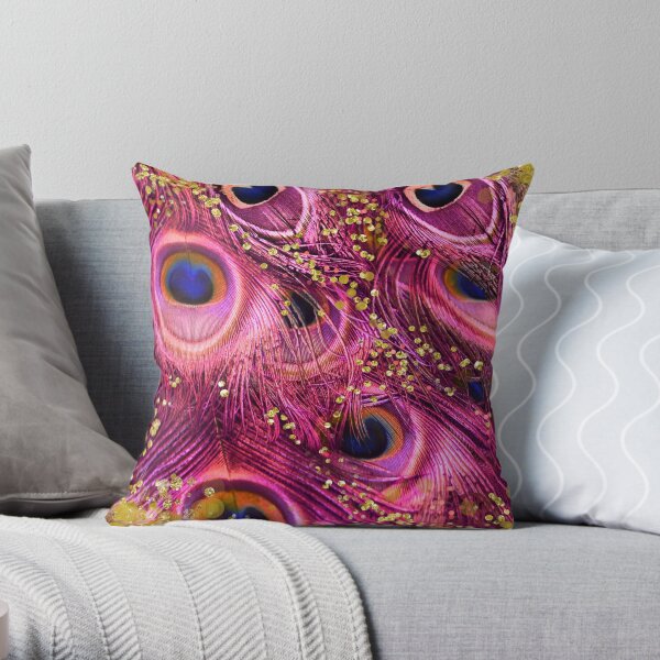 Pink Gold peacock feathers fantasy colors Throw Pillow