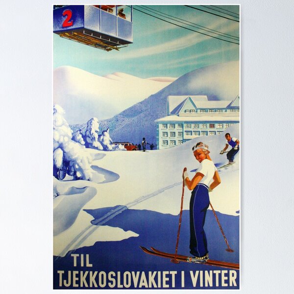 Item preview, to Czechoslovakia In winter Vintage Czech Ski sport poster designed and sold by Glimmersmith.