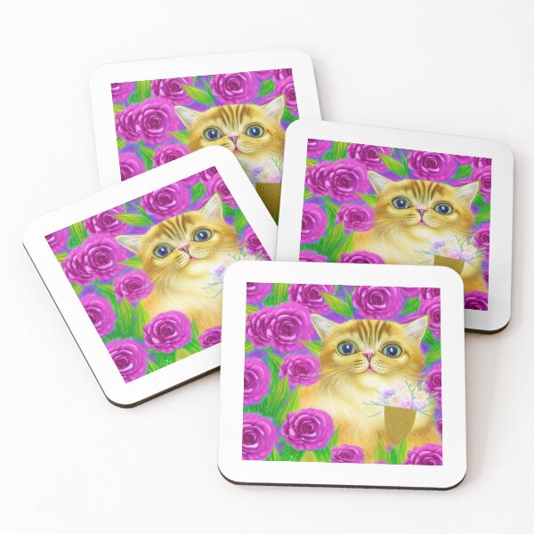 Item preview, Beautiful Fantasy Whimsical Cat Pastel Illustration with flowers in background designed and sold by ManifestoDesign.