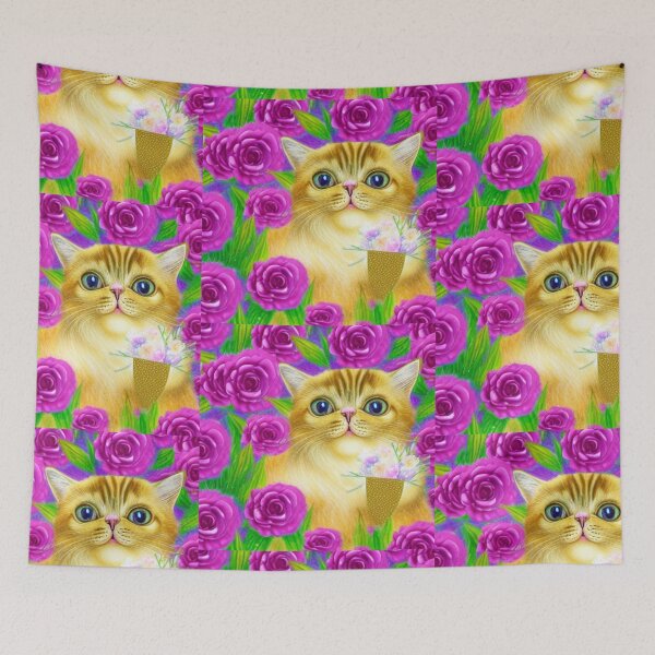 Item preview, Beautiful Fantasy Whimsical Cat Pastel Illustration with flowers in background designed and sold by ManifestoDesign.