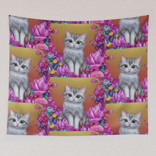 Item preview, Beautiful Fantasy Whimsical Cat Pastel Illustration with flowers in background designed and sold by ManifestoDesign.