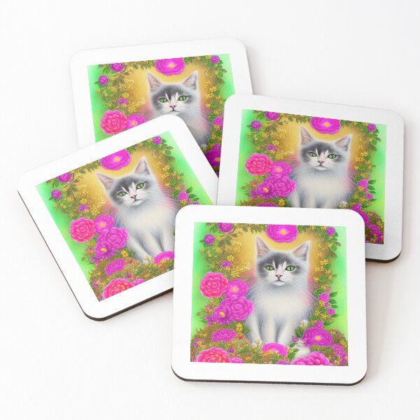 Item preview, Beautiful Fantasy Whimsical Cat Pastel Illustration with flowers in background designed and sold by ManifestoDesign.
