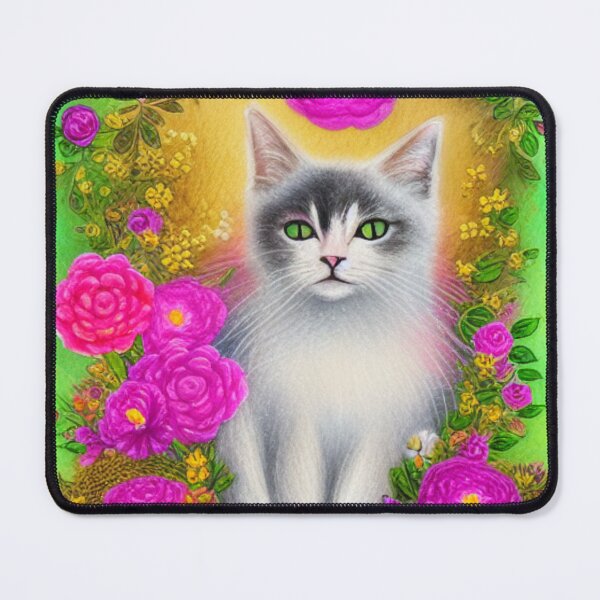 Item preview, Beautiful Fantasy Whimsical Cat Pastel Illustration with flowers in background designed and sold by ManifestoDesign.