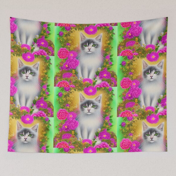 Item preview, Beautiful Fantasy Whimsical Cat Pastel Illustration with flowers in background designed and sold by ManifestoDesign.