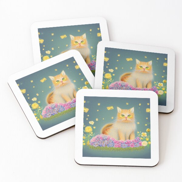 Item preview, Beautiful Fantasy Whimsical Cat Pastel Illustration with flowers in background designed and sold by ManifestoDesign.