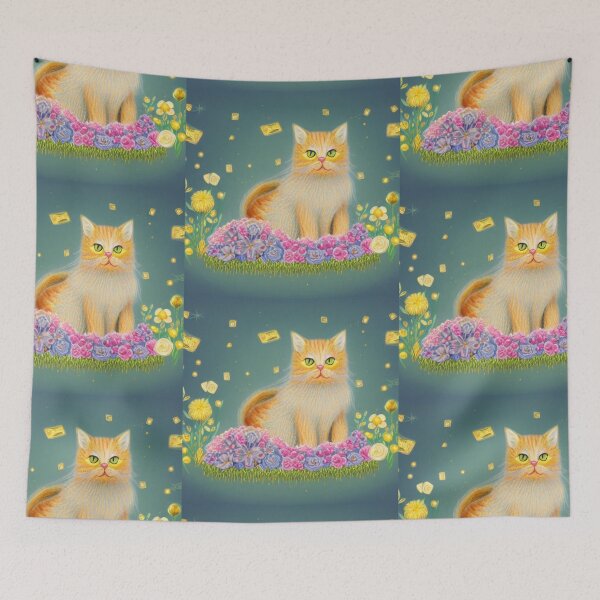 Item preview, Beautiful Fantasy Whimsical Cat Pastel Illustration with flowers in background designed and sold by ManifestoDesign.