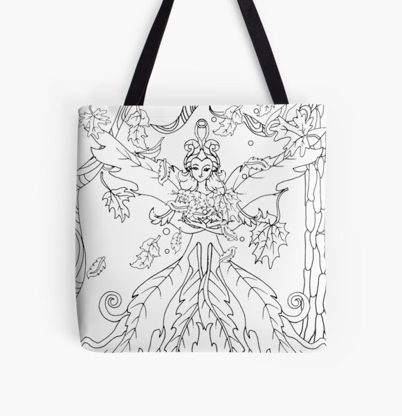 autumn fairy, fall fairy bringing in autumn in a leafy dress-colorable design All Over Print Tote Bag