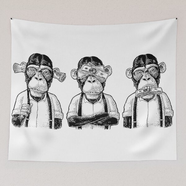 Item preview, Three wise monkeys with hand on ears, eyes, mouth. Not see, not hear, not speak. Vintage black engraving illustration for poster, web, t-shirt, tattoo. Isolated on white background designed and sold by morevector.