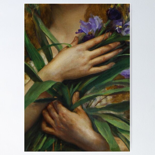 Item preview, Woman Holding Iris flowers, French Pre-Raphaelite painting designed and sold by Glimmersmith.