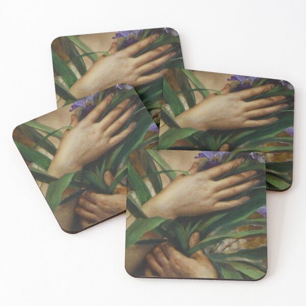 Item preview, Woman Holding Iris flowers, French Pre-Raphaelite painting designed and sold by Glimmersmith.