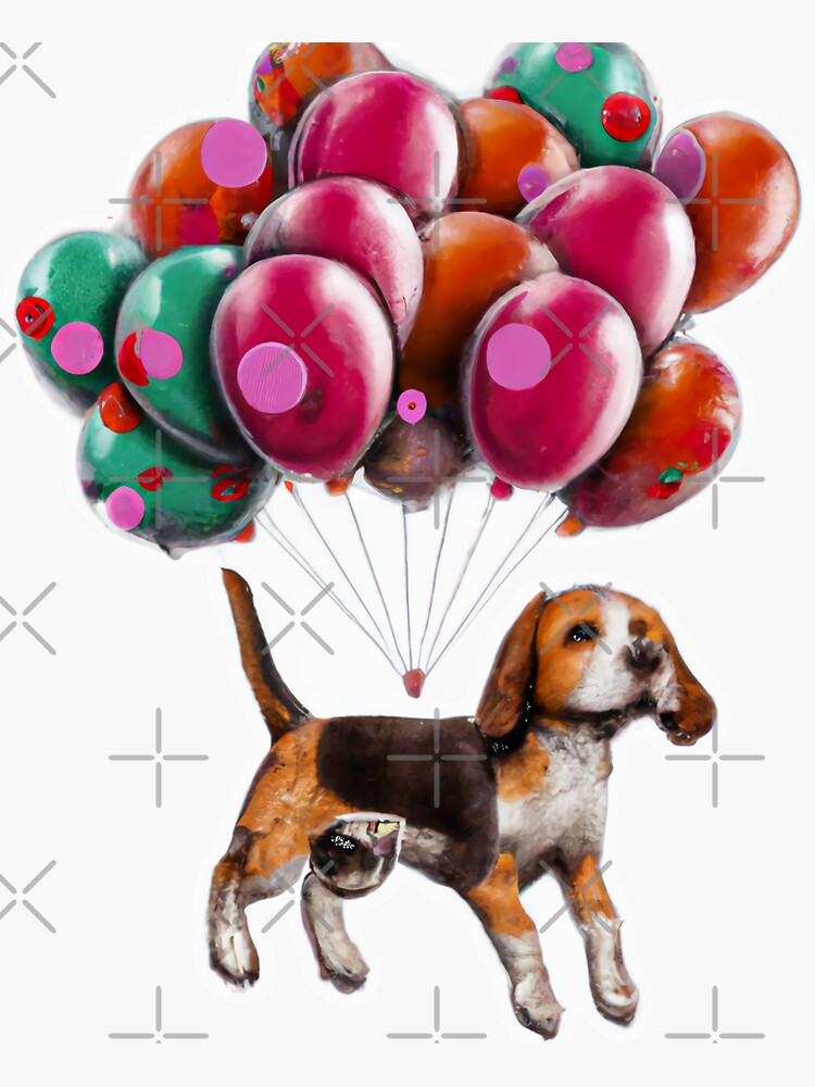 "Dog flying with balloons. Funny dog. Cute puppy" Sticker for Sale by