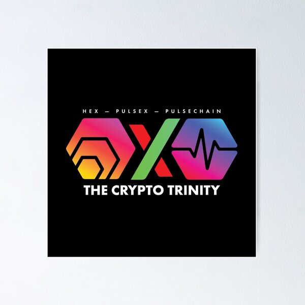 Artikel-Vorschau von Die Crypto Trinity (Hex, Pulsechain und PulseX) auf Schwarz, designt und verkauft von OnlyHexFans.