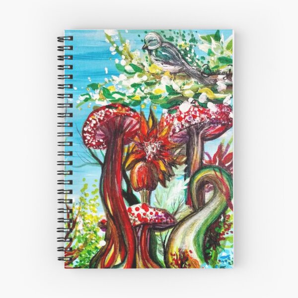 Item preview, Trippy Nature Mushrooms, Branches, and Blue Bird - Colorful Aesthetic Acrylic Painting designed and sold by Lucidesigns.