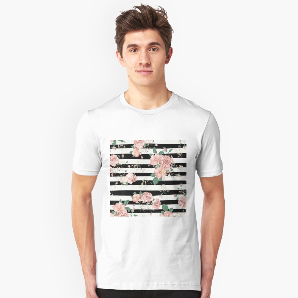 VINTAGE FLORAL ROSES BLACK AND WHITE STRIPES Slim Fit T-Shirt
