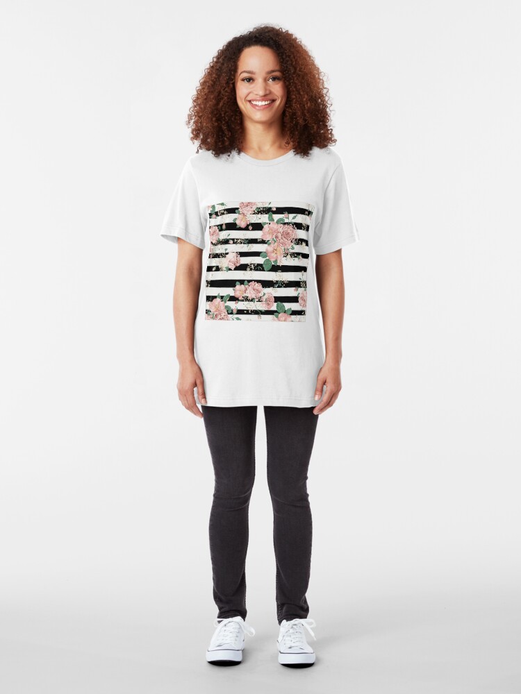 Alternate view of VINTAGE FLORAL ROSES BLACK AND WHITE STRIPES Slim Fit T-Shirt