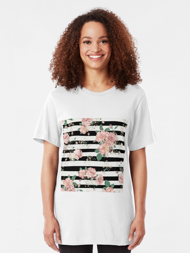 Alternate view of VINTAGE FLORAL ROSES BLACK AND WHITE STRIPES Slim Fit T-Shirt
