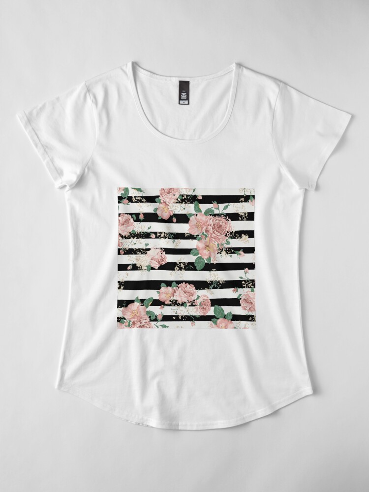 Alternate view of VINTAGE FLORAL ROSES BLACK AND WHITE STRIPES Premium Scoop T-Shirt