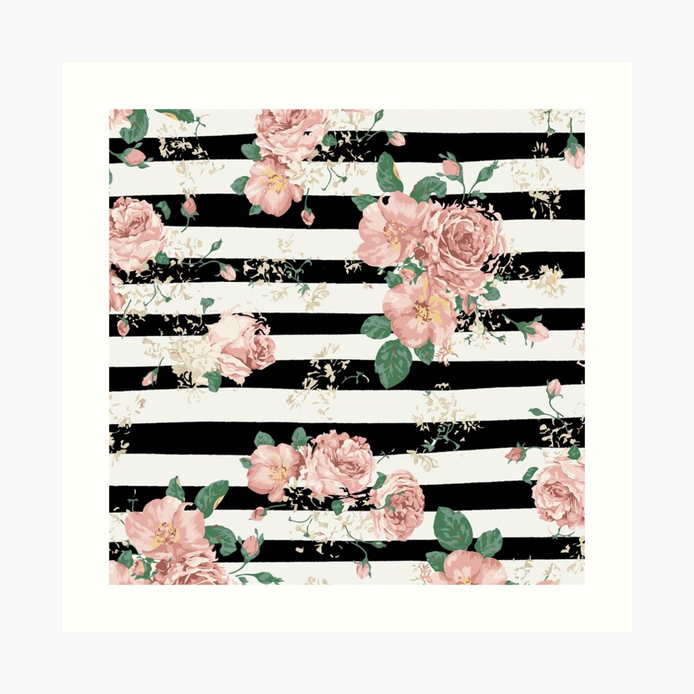 VINTAGE FLORAL ROSES BLACK AND WHITE STRIPES Lámina artística