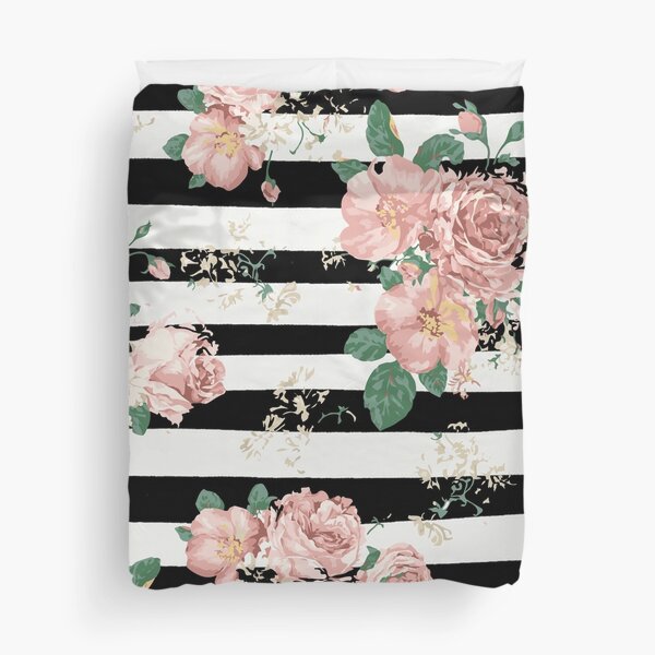 VINTAGE FLORAL ROSES BLACK AND WHITE STRIPES Duvet Cover