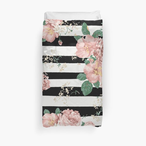 VINTAGE FLORAL ROSES BLACK AND WHITE STRIPES Duvet Cover