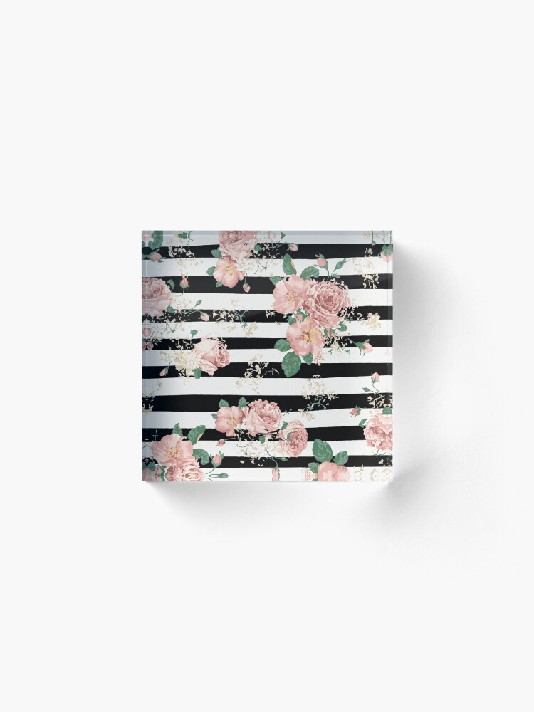 Alternate view of VINTAGE FLORAL ROSES BLACK AND WHITE STRIPES Acrylic Block