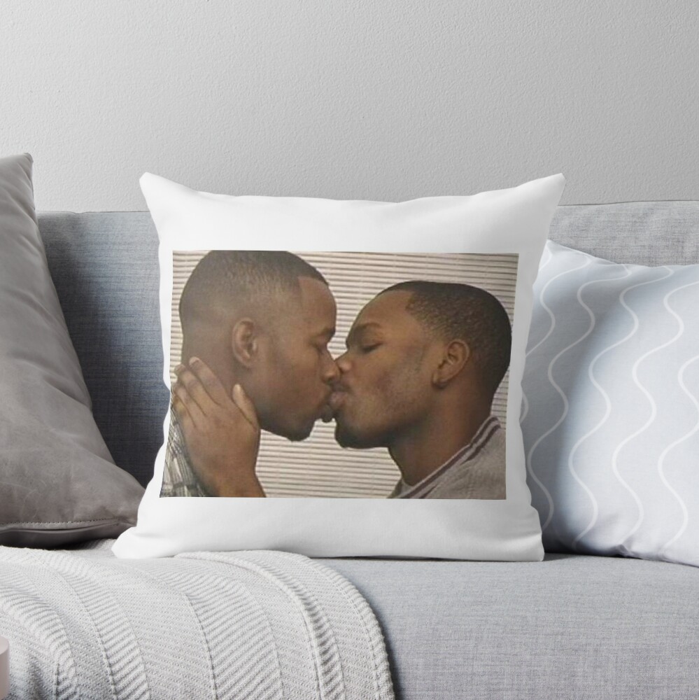 Two Black Men Kissing Meme Throw Pillow.