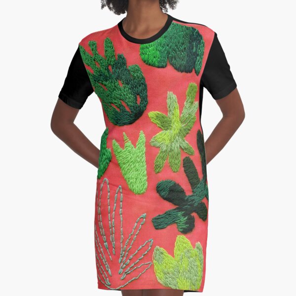 tropical leaves embroidered pattern Graphic T-Shirt Dress