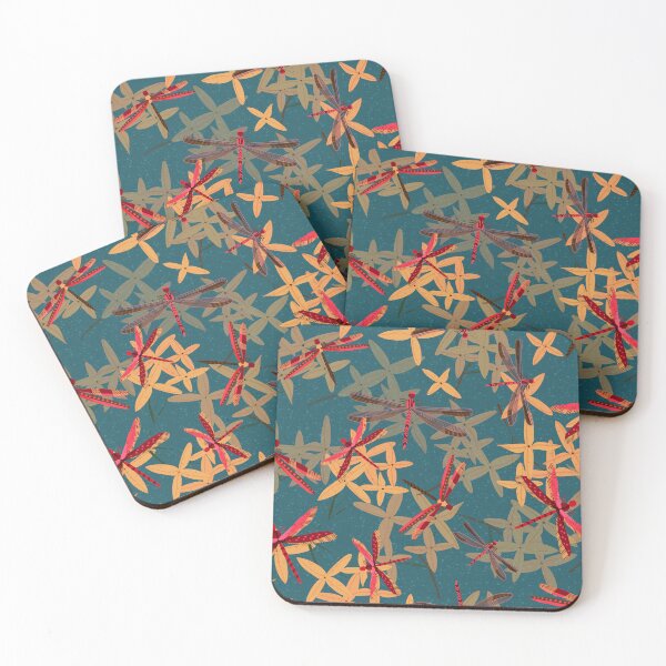 Item preview, Thailand red dragonflies and ixora flowers on dark blue designed and sold by Ingrid Poole.