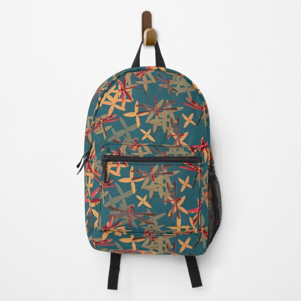 Item preview, Thailand red dragonflies and ixora flowers on dark blue designed and sold by Ingrid Poole.