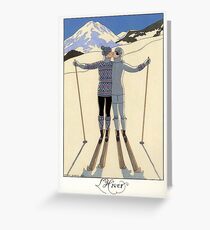 Skiing Winter kissing couple French fashion illustration Greeting Card