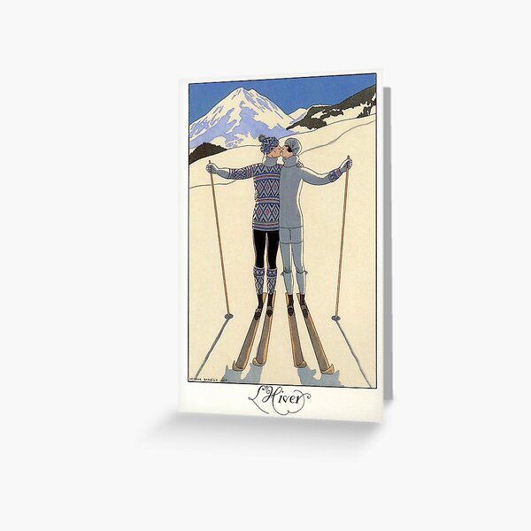 Skiing kissing couple vintage French sport fashion illustration Greeting Card