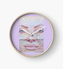 Pretty girl face against transparent water drips as background. Clock