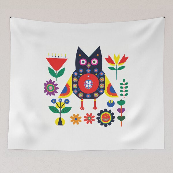 Item preview, Original Art with owl and flowers inspired by Josef Frank, Swedish designer 1940s,  designed and sold by RoyalRepublics.