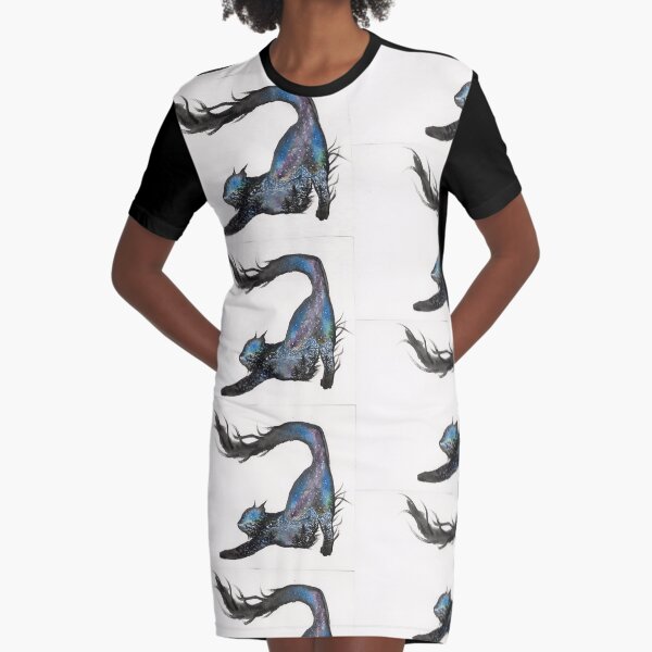 Galaxy Aurora Mountain Cat Graphic T-Shirt Dress