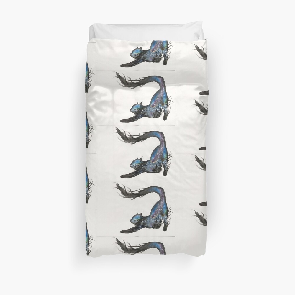 Galaxy Aurora Mountain Cat Duvet Cover