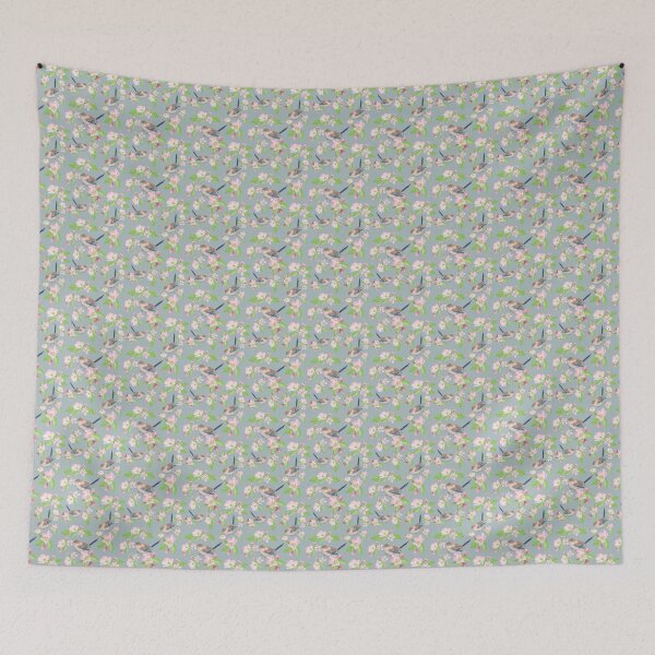 Item preview, Fairy Wren and Apple Blossoms on Lulworth Blue background designed and sold by Nadeasart.