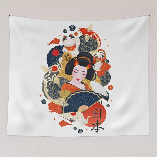 Item preview, Japanese Geisha Surrounded with Colorful Carps and Japanese Elements designed and sold by RepublicOfFire.