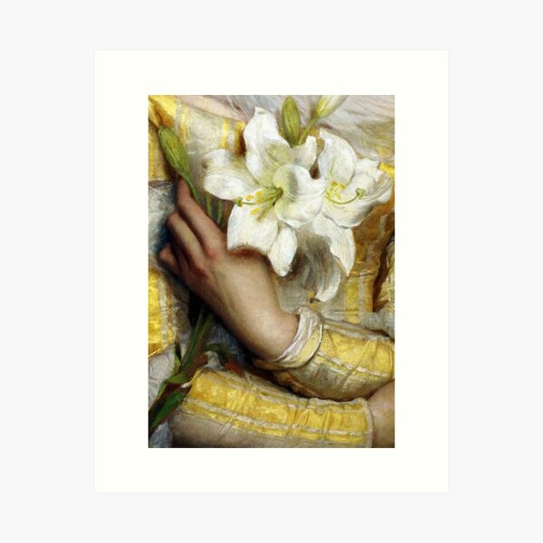 Aperçu de l'œuvre Femme tenant des lys blancs détail peinture préraphaélite créée et vendue par Glimmersmith.