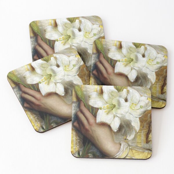 Item preview, Woman clutching white lilies detail Pre-Raphaelite painting designed and sold by Glimmersmith.
