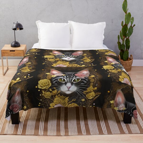 Item preview, Beautiful Fantasy Whimsical Cat Pastel Illustration with flowers and gold in background designed and sold by ManifestoDesign.